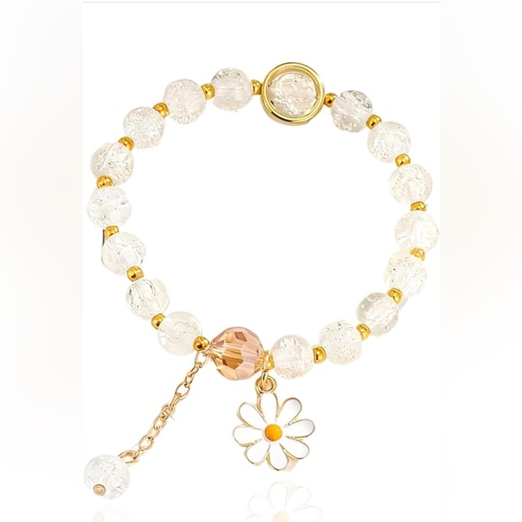 Jewelry - Gold Daisy Charm Beaded Bracelet - Clear and Peach